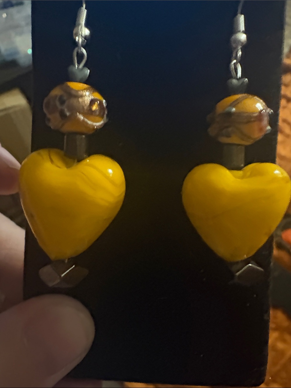 Hand Crafted Yellow Glass Heart Drop Earrings with Birthday Cake & Hematite